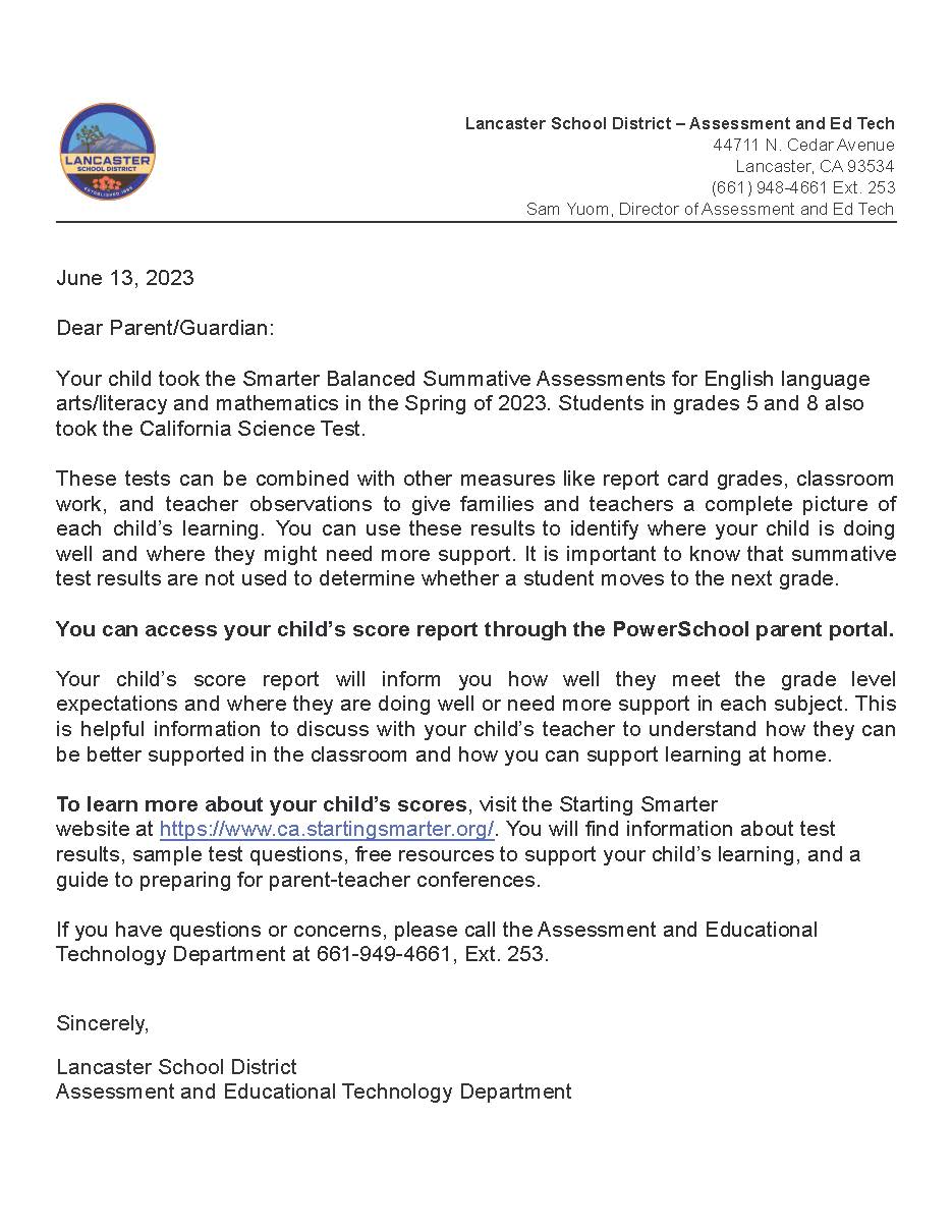 CAASPP Parents Letter